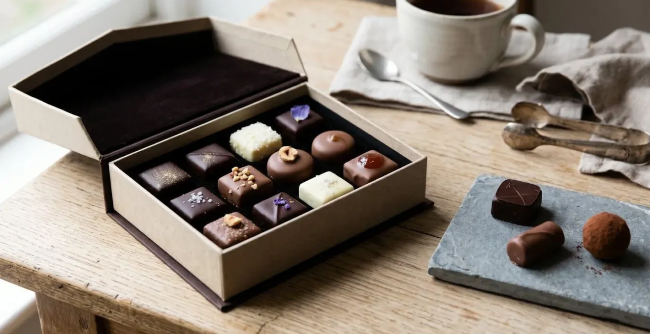 Coffret chocolat ouvert révélant un assortiment varié de ganaches et pralinés disposés dans leur écrin, sur une table en bois clair avec une tasse en arrière-plan