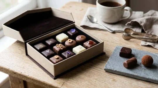 Coffret chocolat ouvert révélant un assortiment varié de ganaches et pralinés disposés dans leur écrin, sur une table en bois clair avec une tasse en arrière-plan