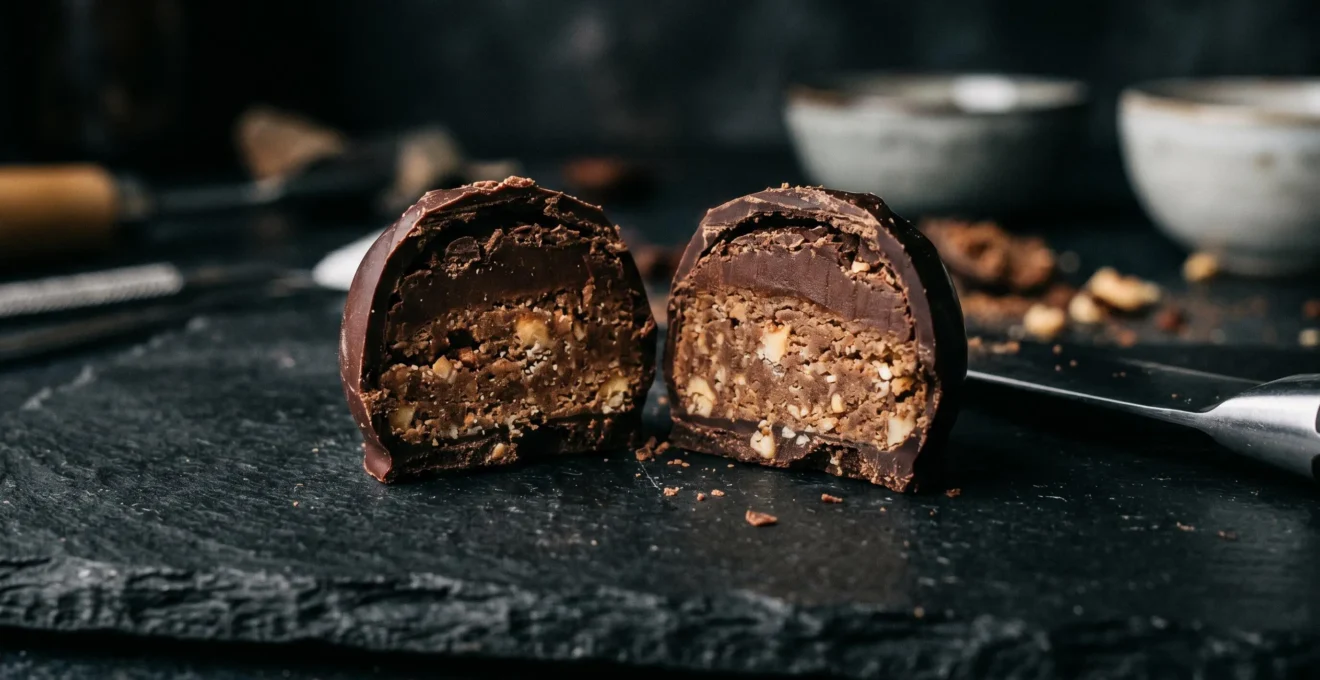 Ganache de chocolat coupée en deux révélant sa texture interne crémeuse et les couches de chocolat enrobant sur fond ardoise