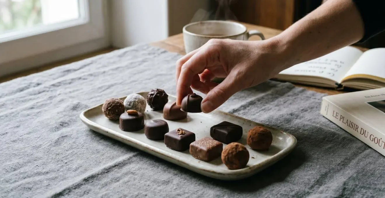 Main féminine saisissant délicatement un chocolat parmi un assortiment varié disposé sur un plateau blanc, sur une table élégante avec une tasse de thé en arrière-plan
