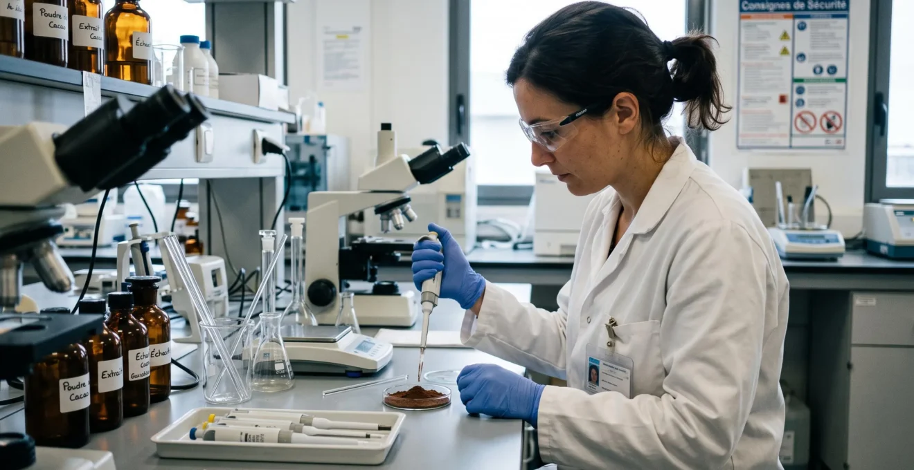 Une chercheuse analyse un échantillon de cacao dans un laboratoire cosmétique.