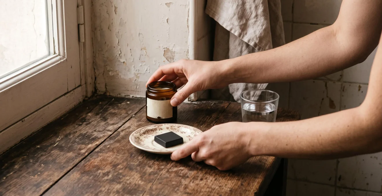 Des mains disposent un pot de soin au cacao, un carré de chocolat et un verre d'eau.